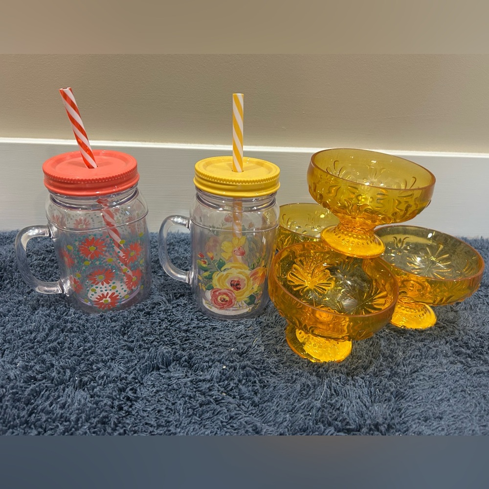 Two Pioneer Women melamine Mason Jar Mugs and 4 Sunny Days ice cream bowls